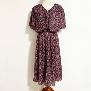 Vintage 80s 90s Caroline Wells Floral Flutter Sleeve Smocked Waist Midi Dress